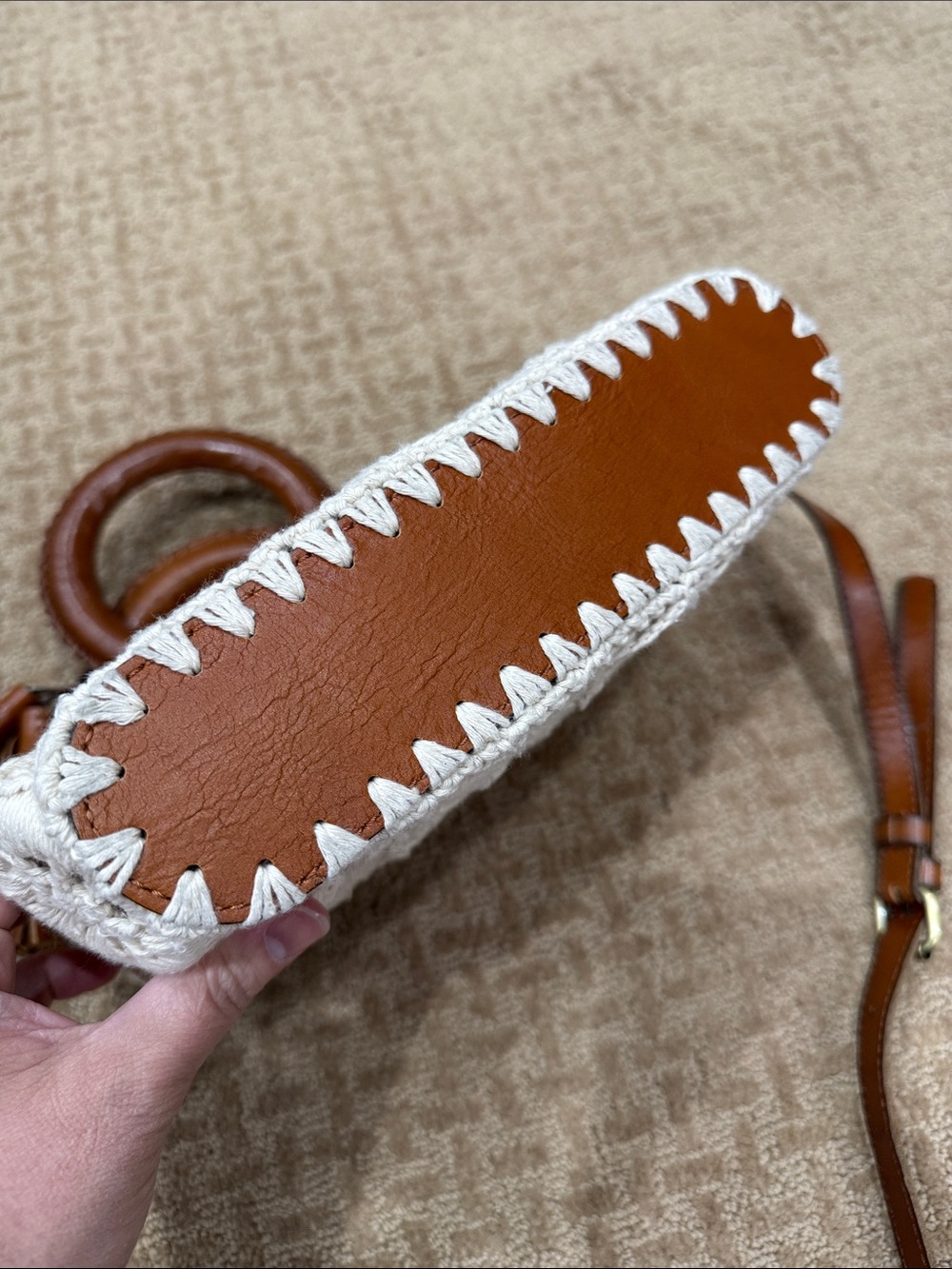 Patricia Nash White Crochet Crossbody with Brown Leather Trim - Picture 10 of 10